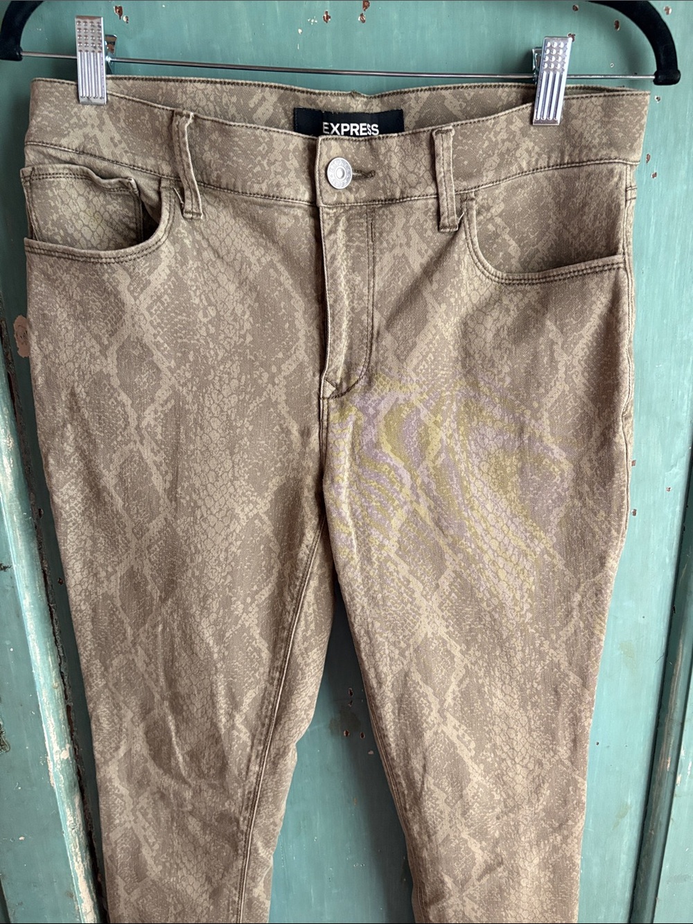 Express Skinny Pants in Olive Snake-Print - Picture 1 of 5